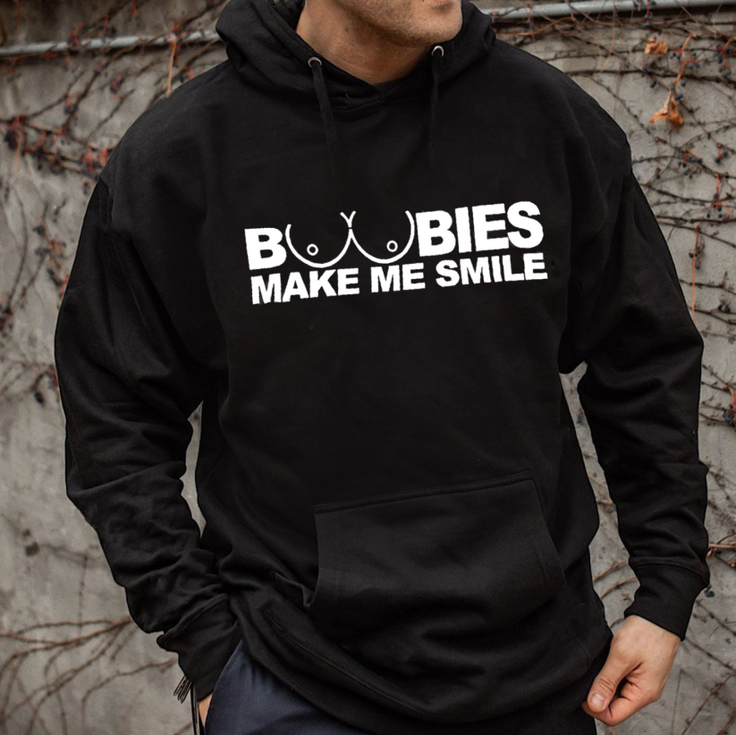 BOOBIES MAKE ME SMILE Casual Graphic Black Print Hoodie