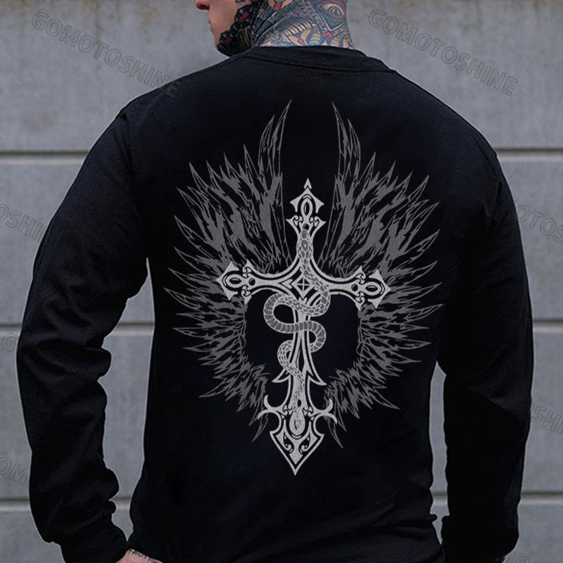 Snake Entwined Around A Crucifix And Dark Wings Print Men's Sweatshirt