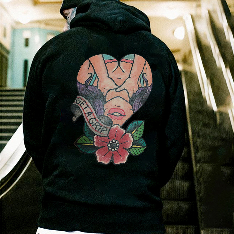 GET A GRIP Sexy Lady with Flowers Black Print Hoodie