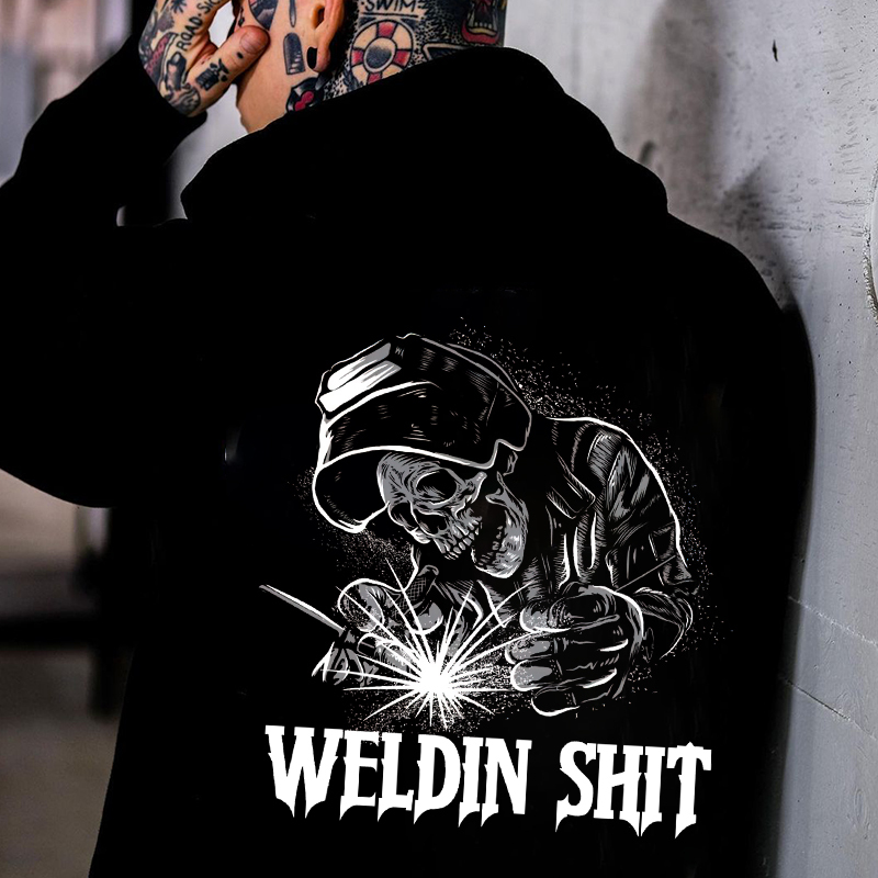 WELDIN SHIT Skull Worker Letter Casual Black Print Hoodie