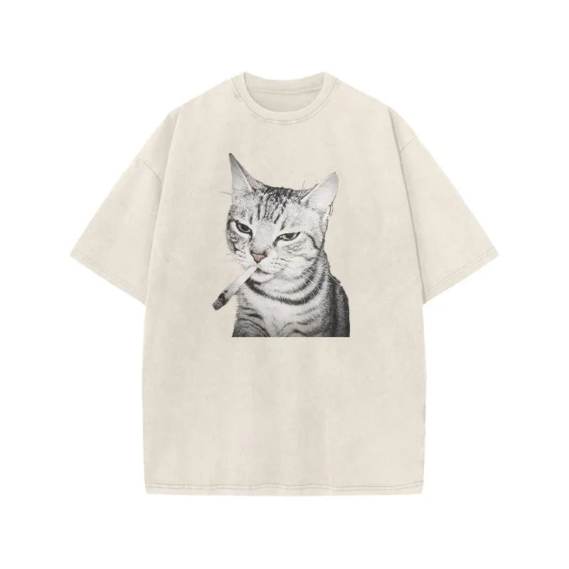 Tabby Cat With A Cigarette In Its Mouth Print Acid T-shirt