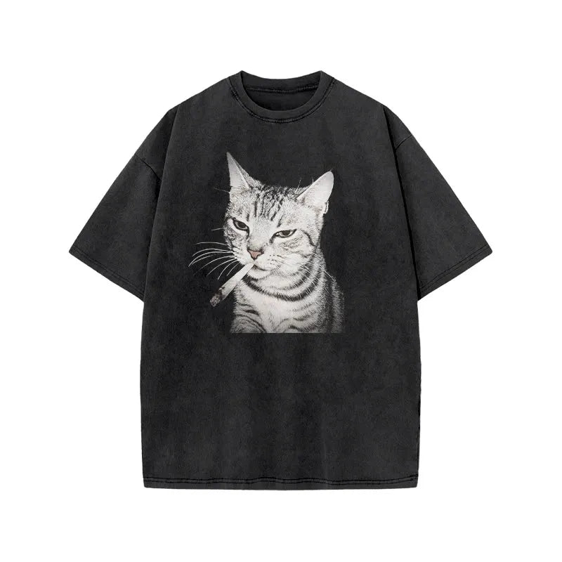 Tabby Cat With A Cigarette In Its Mouth Print Acid T-shirt