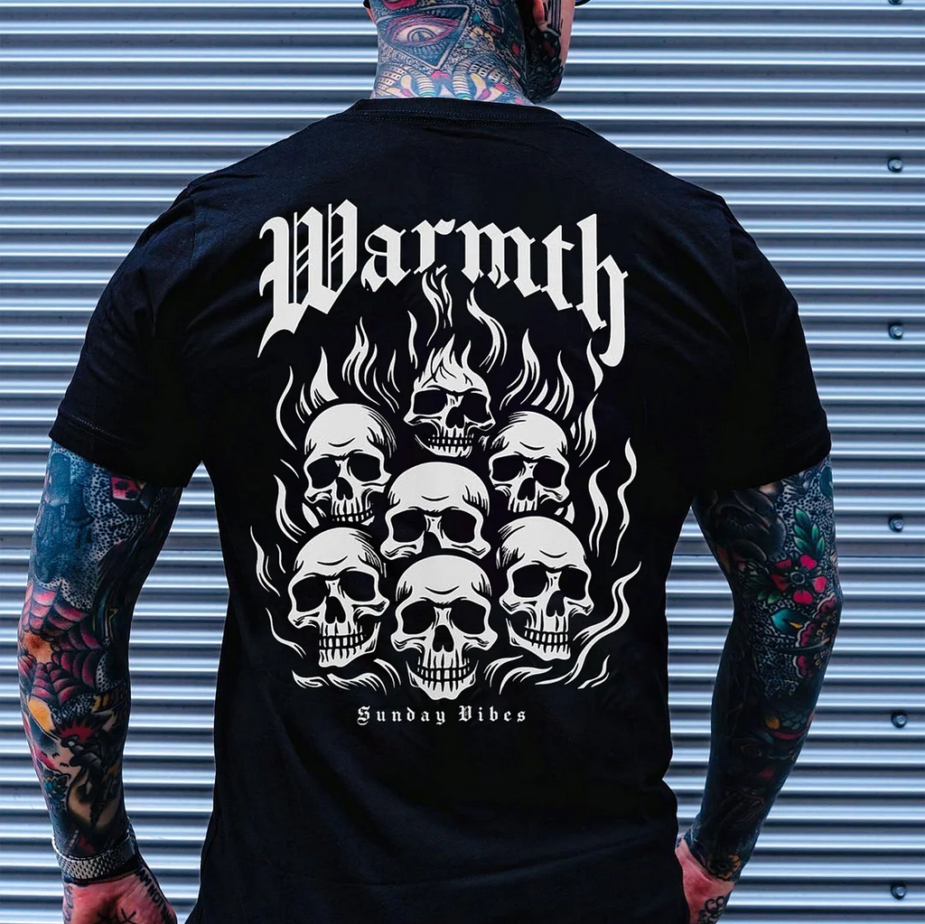 WARMTH Skulls in the Burning Fire Black Print T-shirt