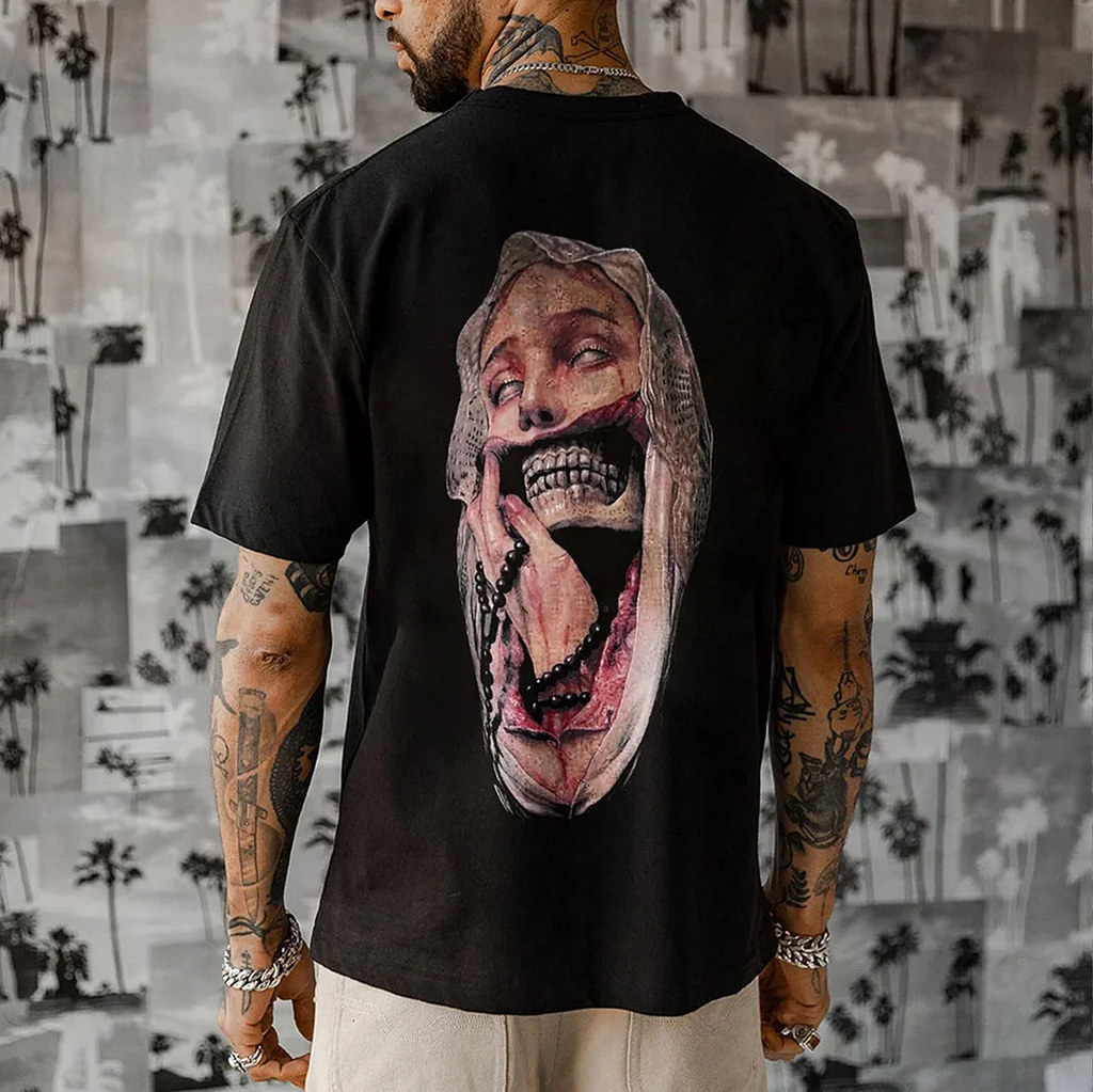 Disconsolate Nun Skull Mid-Century Style Black Print T-shirt