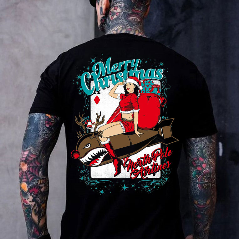 Merry Christmas North Pole Airlines Sexy Woman Christmas Missile Print Men's T-shirt