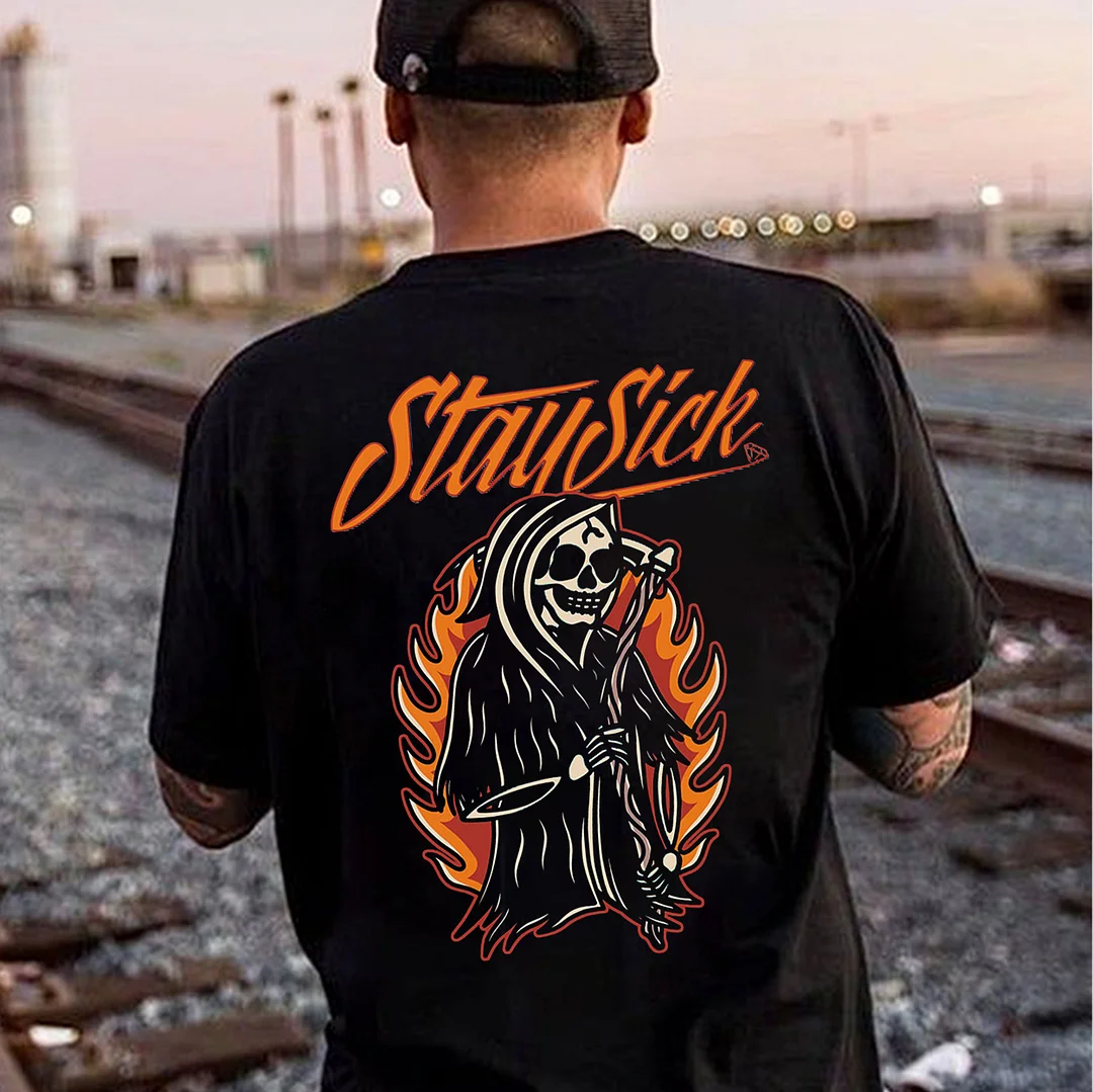 STAYSICK Skull in Burning Fire Graphic Black Print T-Shirt