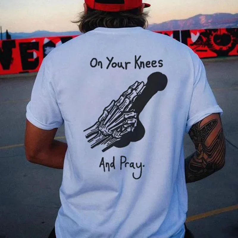 ON YOUR KNEES AND PRAY Bone Hand Print Men's T-shirt