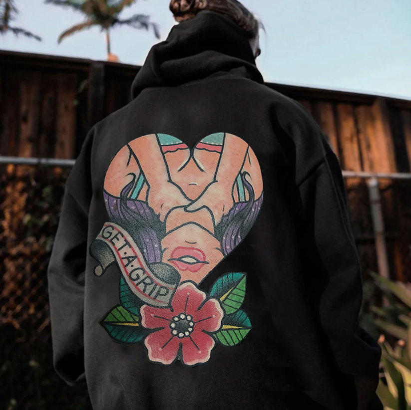 GET A GRIP Sexy Lady with Flowers Black Print Hoodie