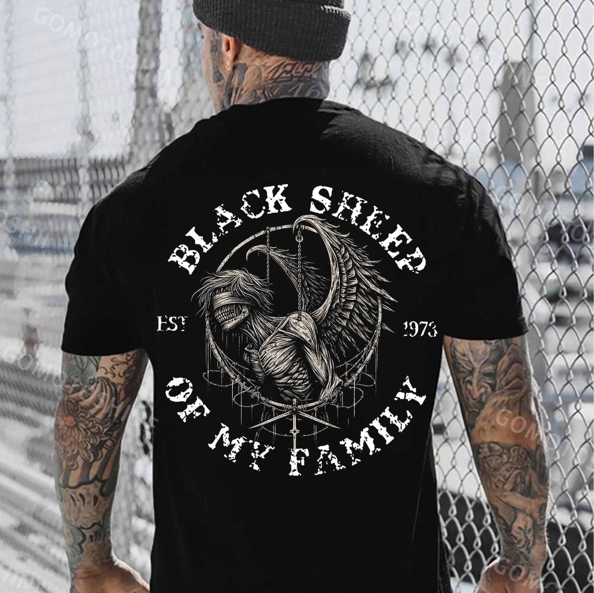 BLACK SHEEP OF MY FAMILY Blindfolded Devil Print Men's T-Shirt, Top Menswear, Cotton Tee Shirt Casual Streetwear