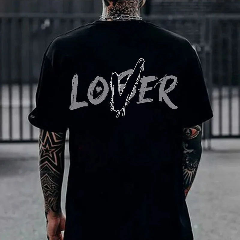 LOVER Letter Graphic Casual Black Print T-shirt