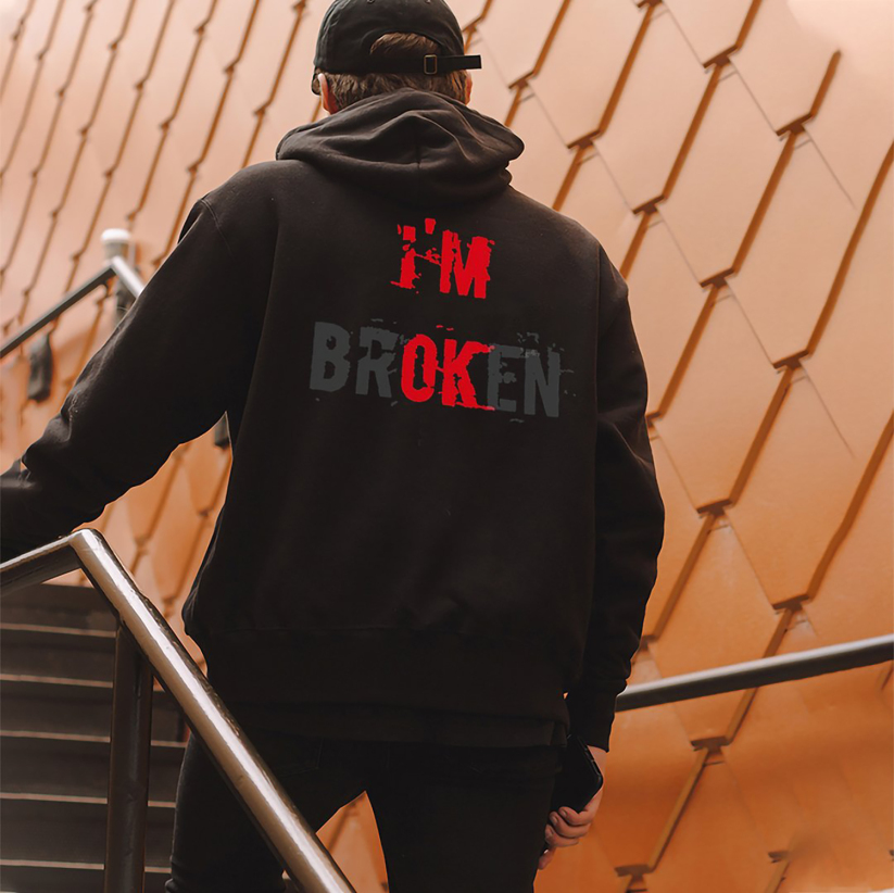 I’M BROKEN Letter Graphic Casual Black Print Hoodie