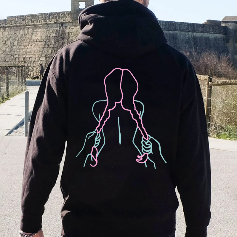 A Girl with a Long Braid Linear Black Print Hoodie