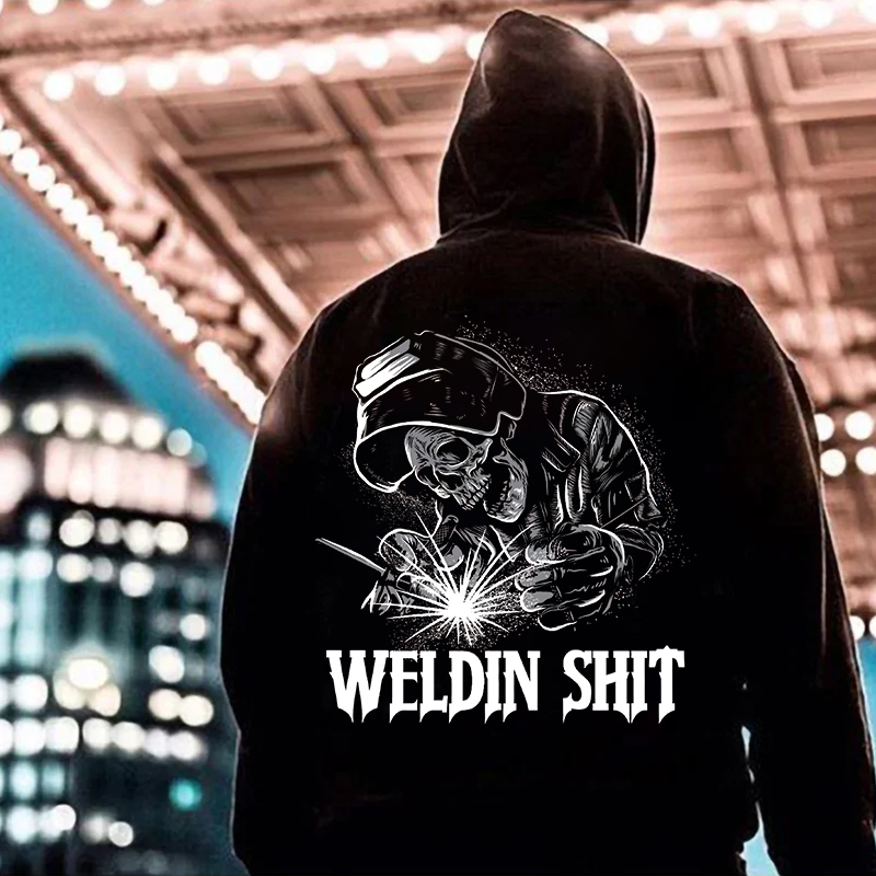WELDIN SHIT Skull Worker Letter Casual Black Print Hoodie