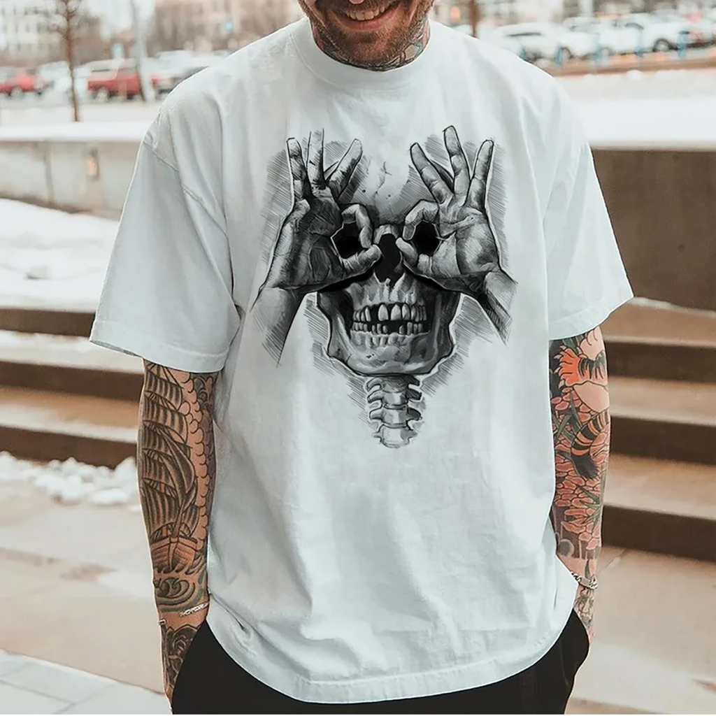 Skull with OK Pattern Graphic Casual Black Print T-shirt