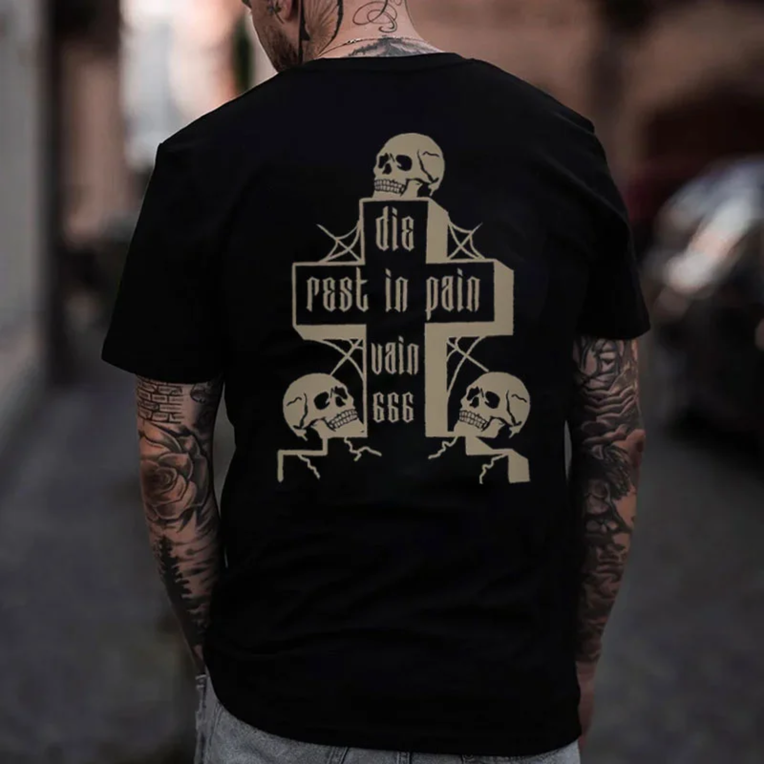 DIE IN VAIN REST IN PAIN Skull&Grave Print Men's T-shirt