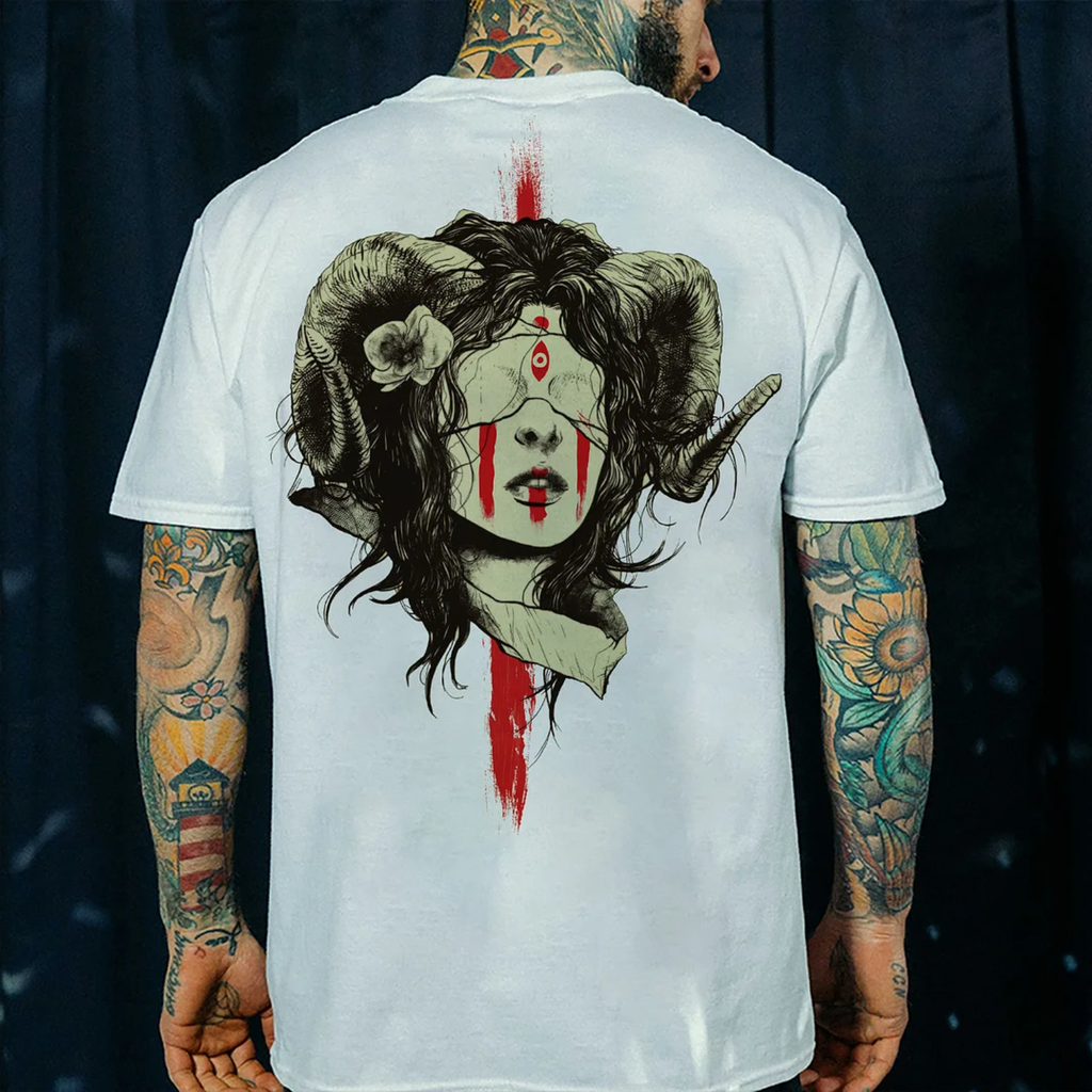 A Blindfolded Lady Hopeless White Print T-shirt