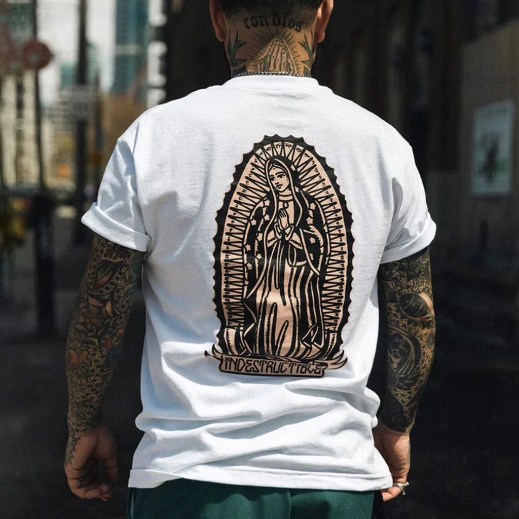 Goddess Praying Letter Vintage Style Graphic Black Print T-shirt