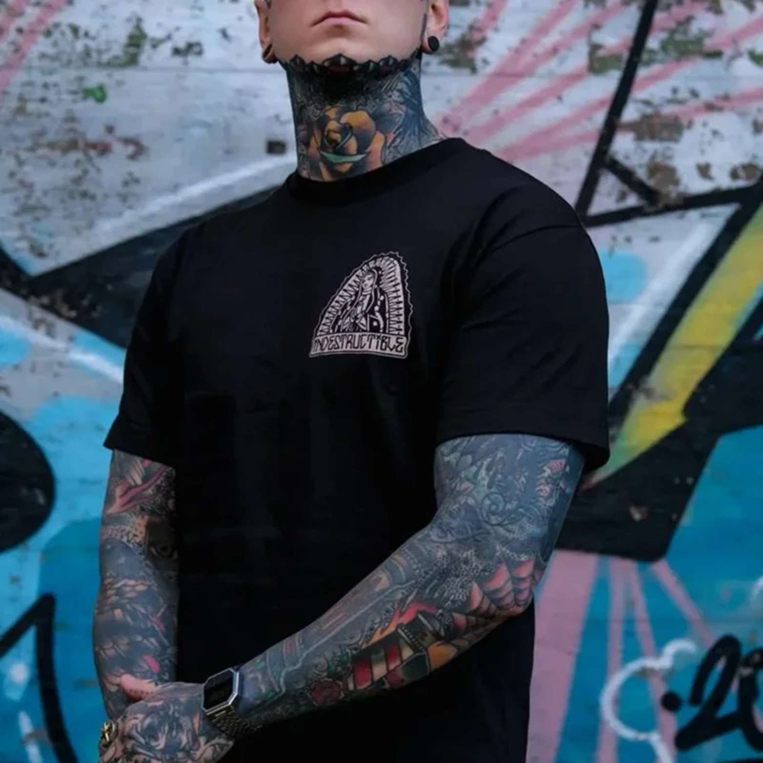 Goddess Praying Letter Vintage Style Graphic Black Print T-shirt