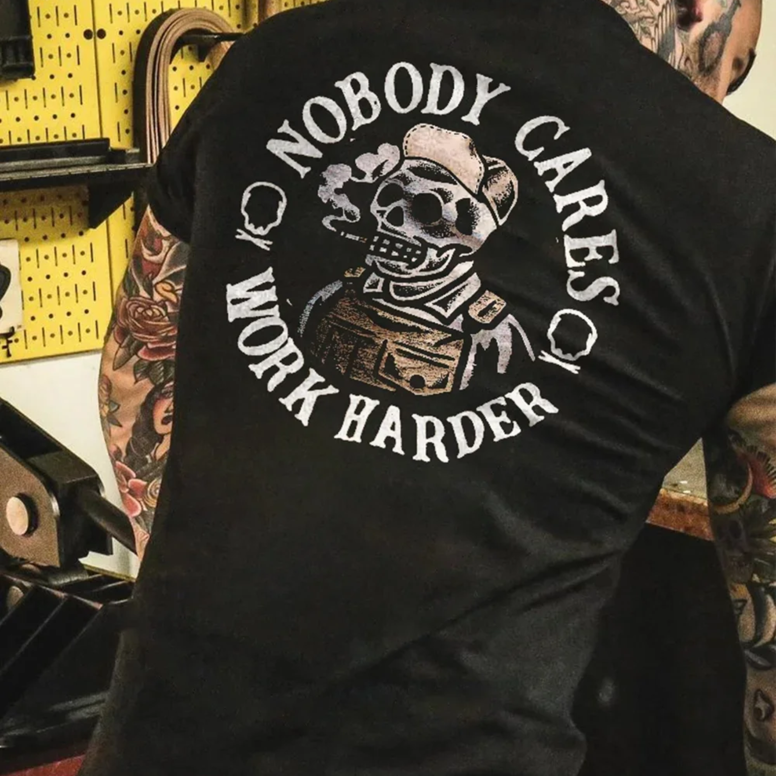 NOBODY CARES, WORK HARDER Graphic Casual Black Print T-shirt