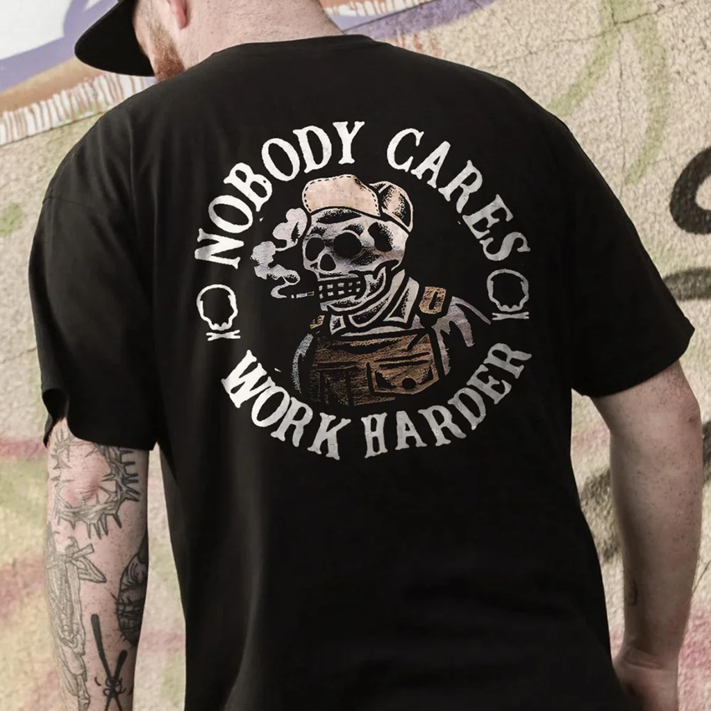 NOBODY CARES, WORK HARDER Graphic Casual Black Print T-shirt