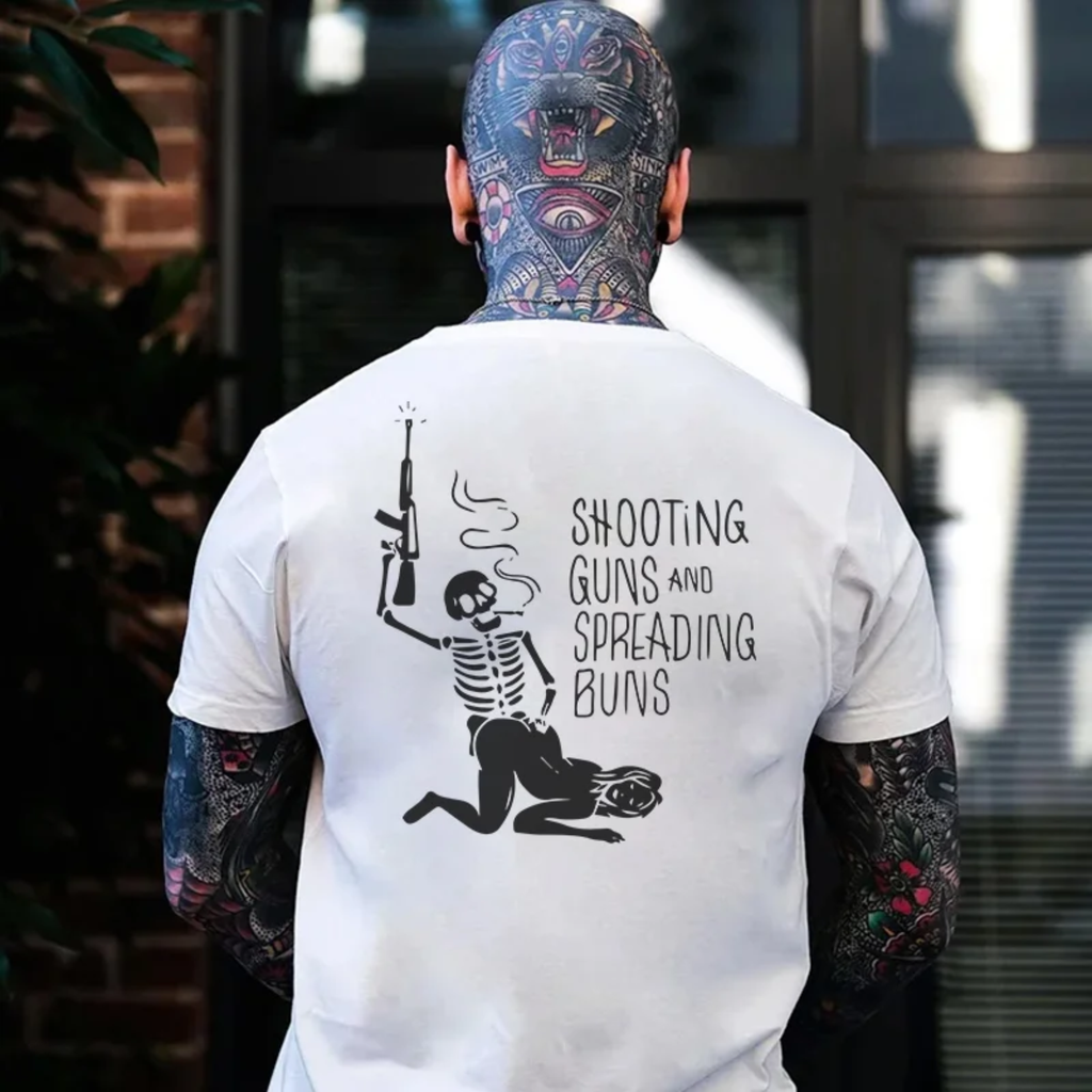 SHOOTING GUNS AND SPREADING BUNS Skull with Sexy Lady Print T-shirt