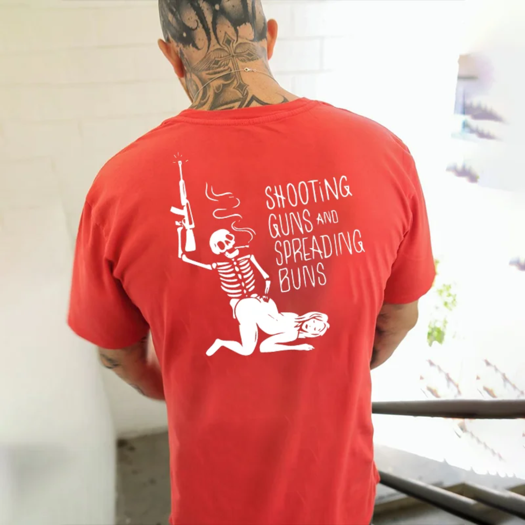 SHOOTING GUNS AND SPREADING BUNS Skull with Sexy Lady Print T-shirt
