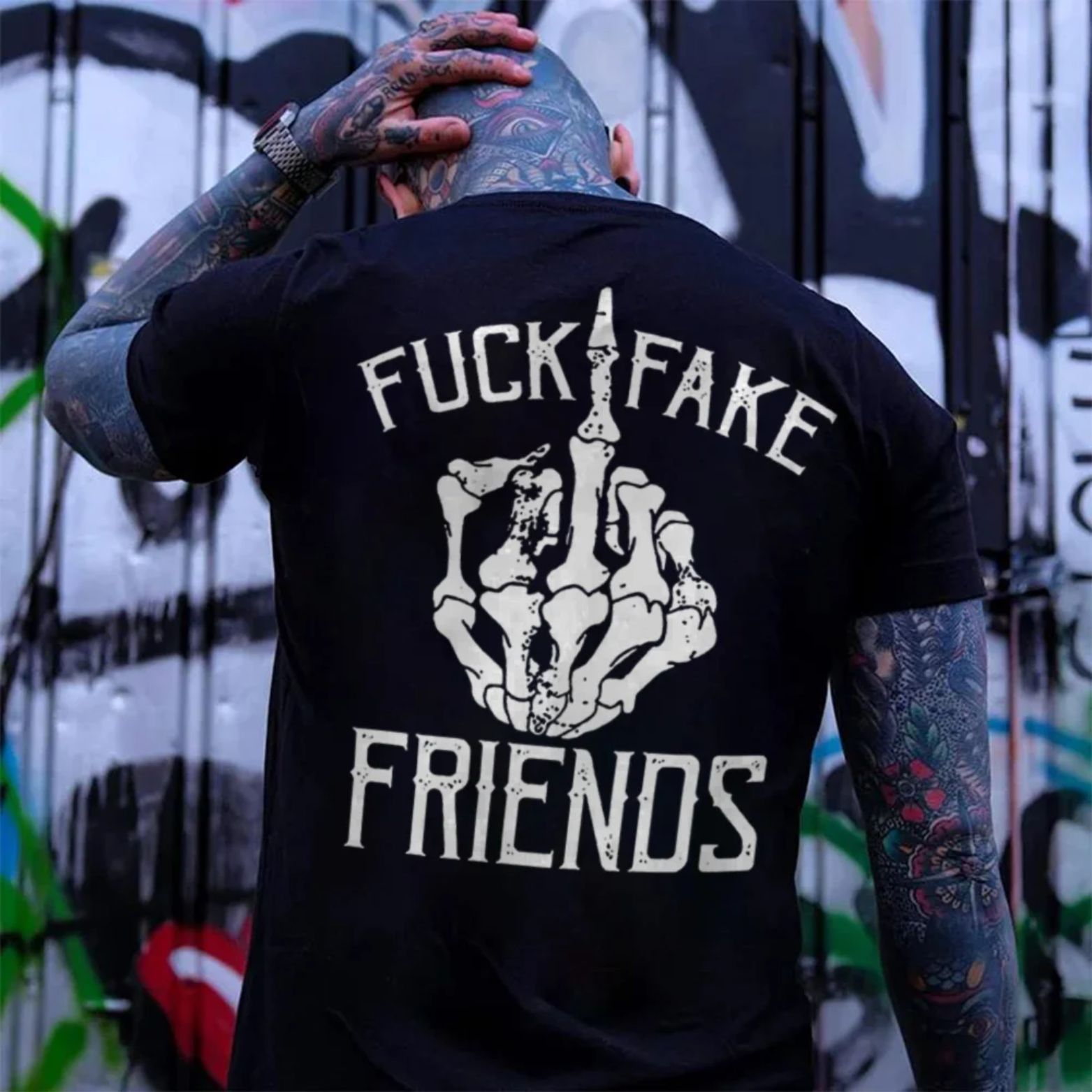 FUCK FAKE FRIENDS Bone Hand With Fuck Gesture Print Men's T-shirt