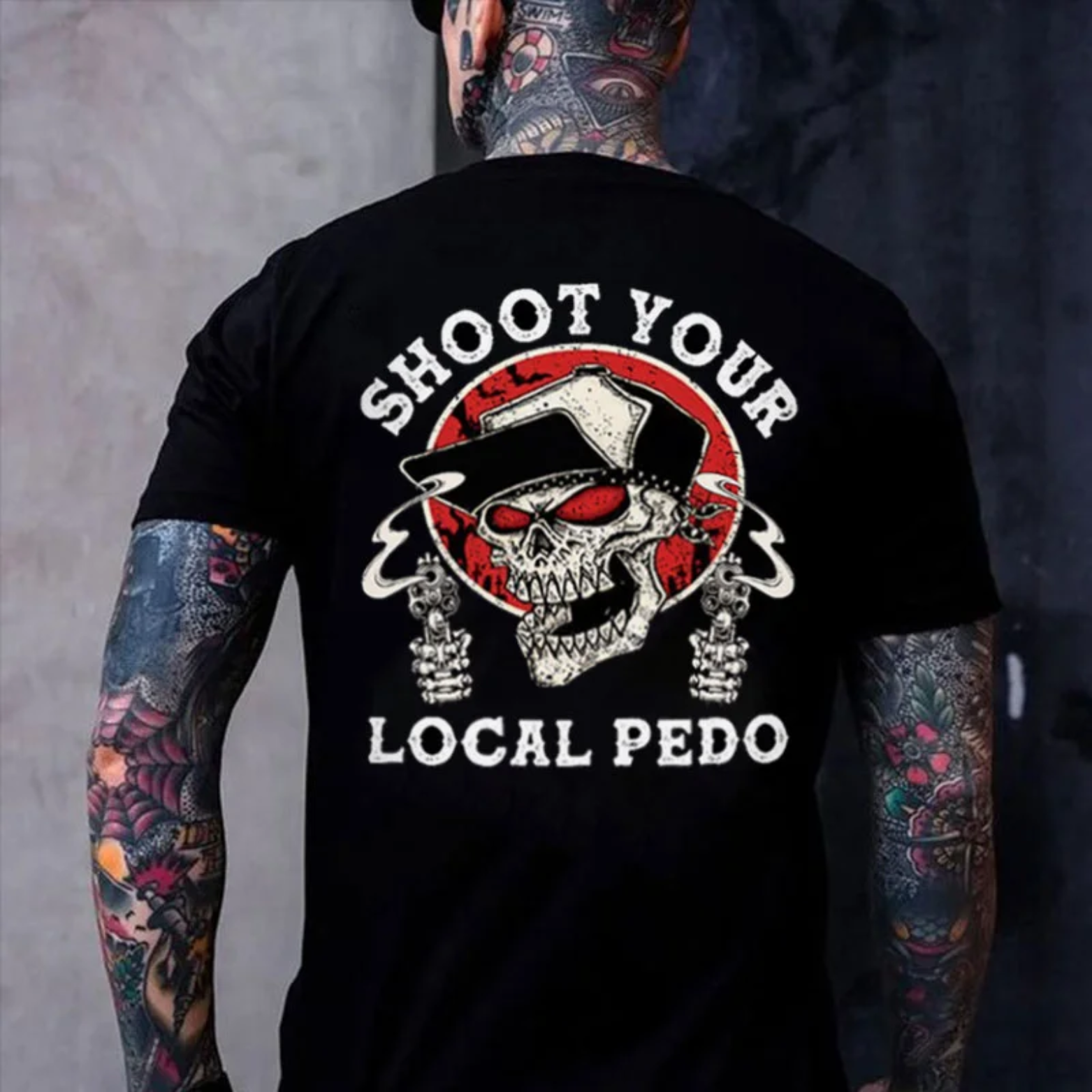 SHOOT YOUR LOCAL PEDO Skeleton With Gun Print Men's T-Shirt