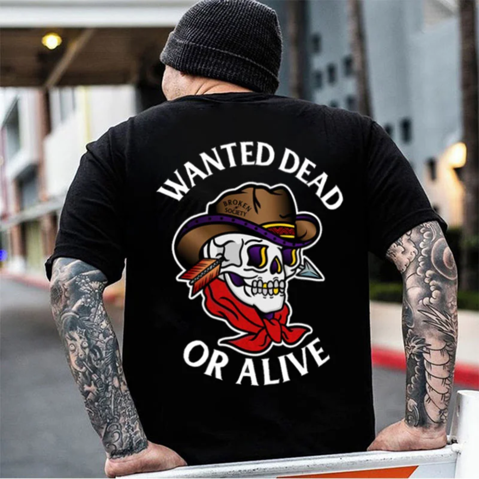 WANTED DEAD OR ALIVE Cowboy Skeleton Print Men's T-shirt