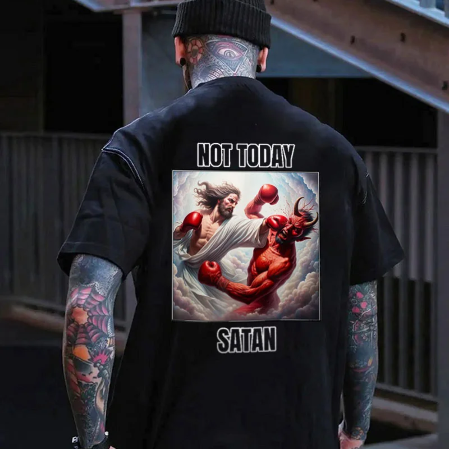 NOT TODAY SATAN Jesus Boxing Black Print T-Shirt