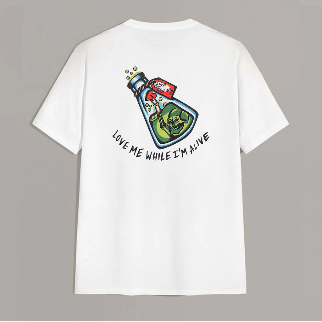 LOVE ME WHILE I’M ALIVE Skull in Bottle Graphic White Print T-shirt