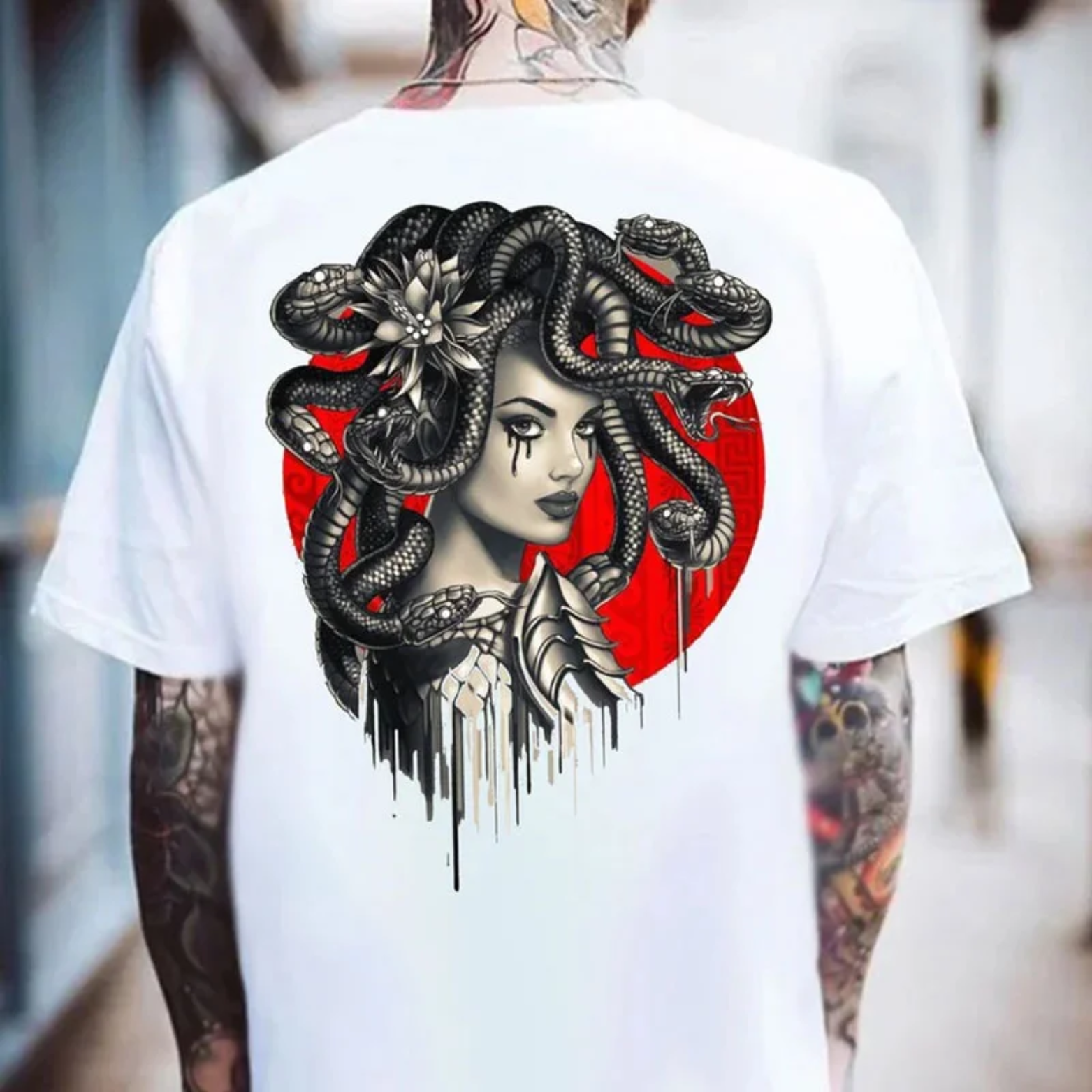 Dark Witch with Snakes Around Her Graphic Casual White Print T-shirt