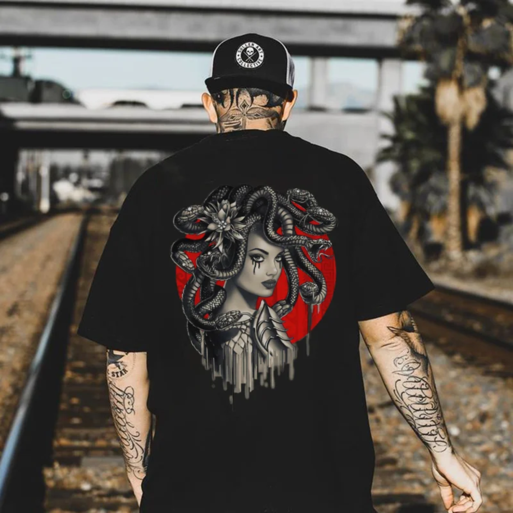 Dark Witch with Snakes Around Her Graphic Casual White Print T-shirt