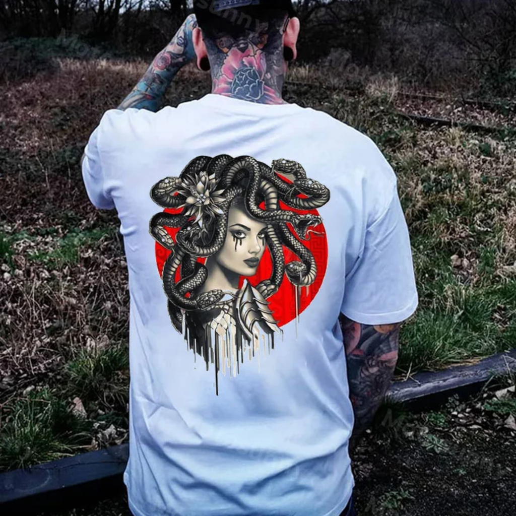 Dark Witch with Snakes Around Her Graphic Casual White Print T-shirt