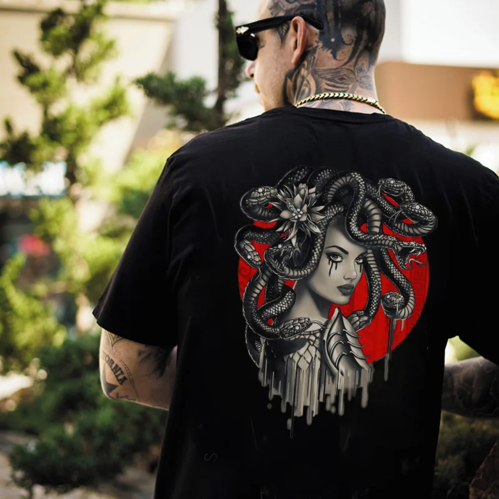 Dark Witch with Snakes Around Her Graphic Casual White Print T-shirt