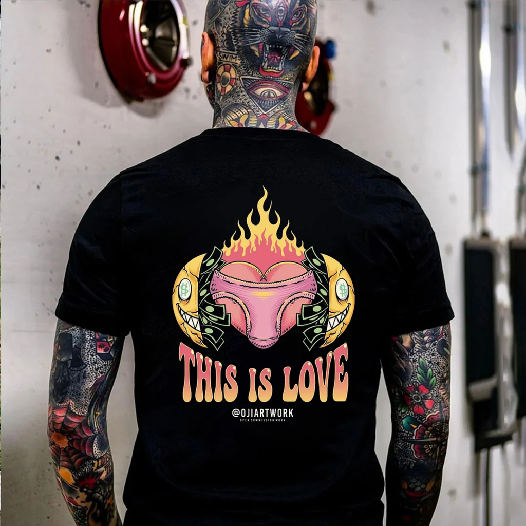 THIS IS LOVE Heart Sexy Ass in Burning Fire Black Print T-shirt