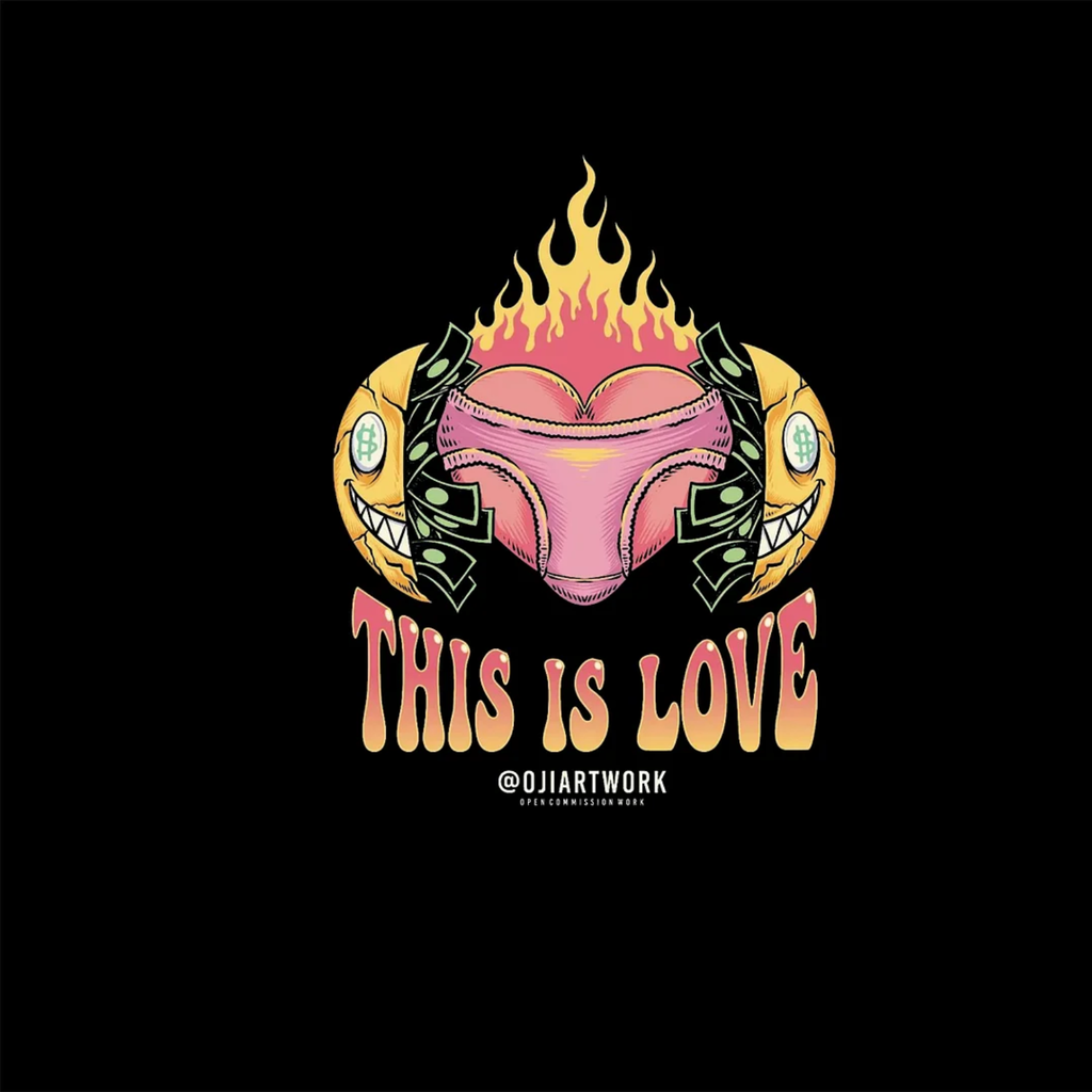THIS IS LOVE Heart Sexy Ass in Burning Fire Black Print T-shirt