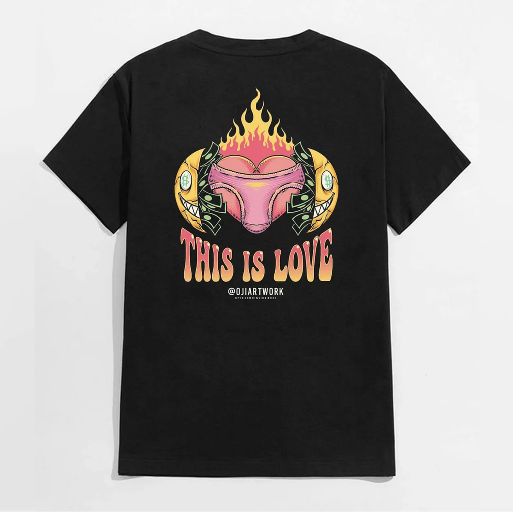 THIS IS LOVE Heart Sexy Ass in Burning Fire Black Print T-shirt