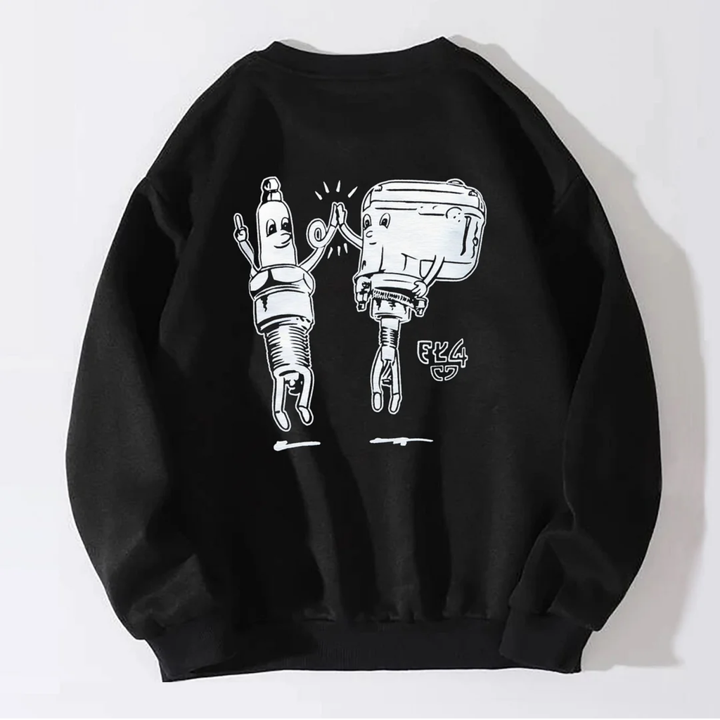 Motorcycle Items Cartoon Effect Graphic Causal Black Print Sweatshirt