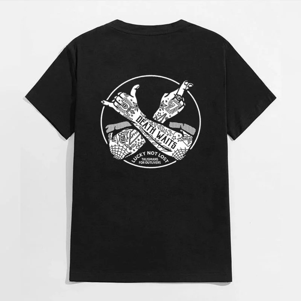 DEATH WAITS Tattooed Hands Black Print T-Shirt