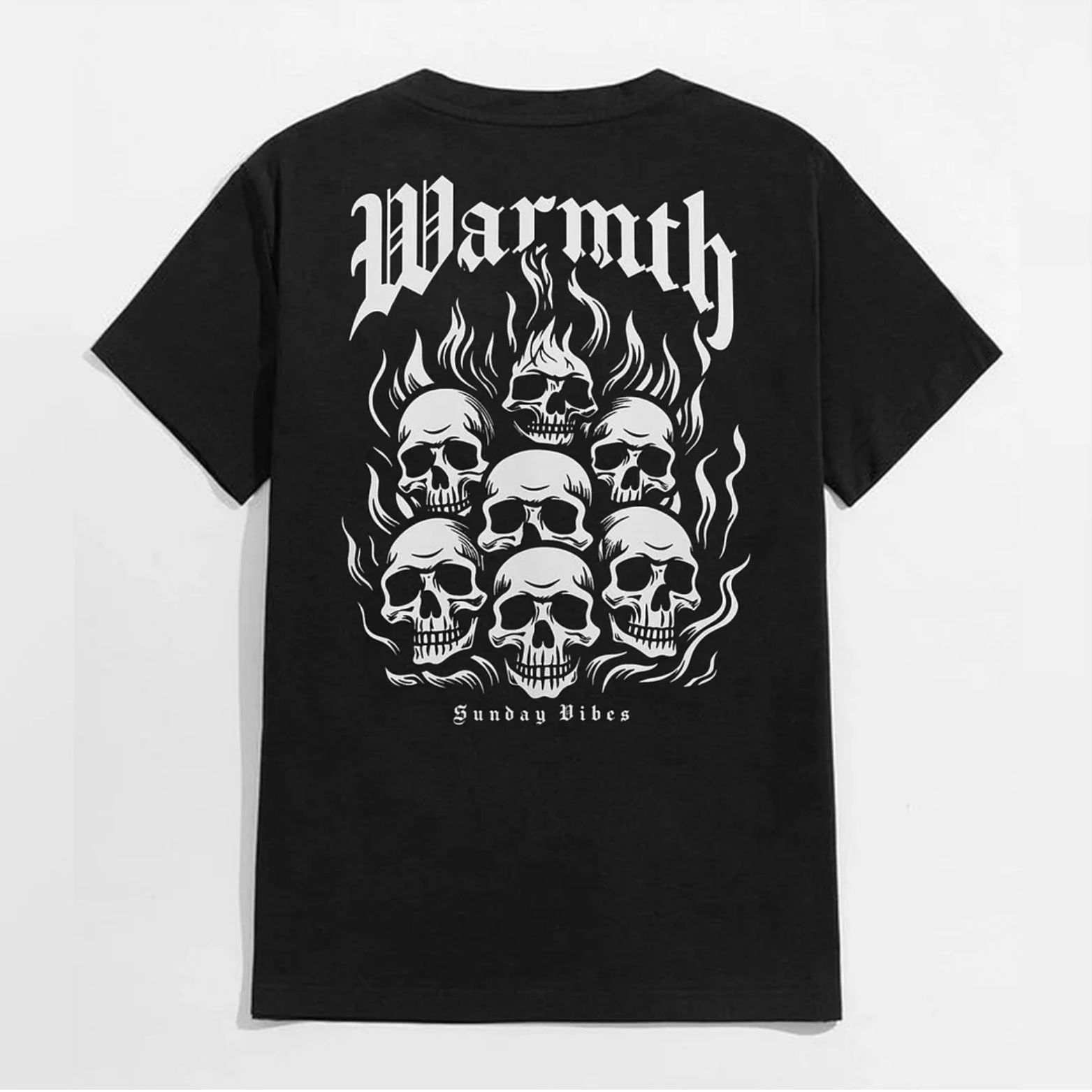WARMTH Skulls in the Burning Fire Black Print T-shirt