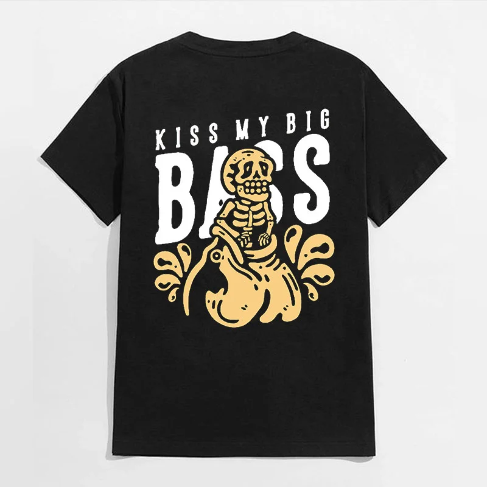 KISS MY BIG BASS Poor Skull Black Print T-shirt