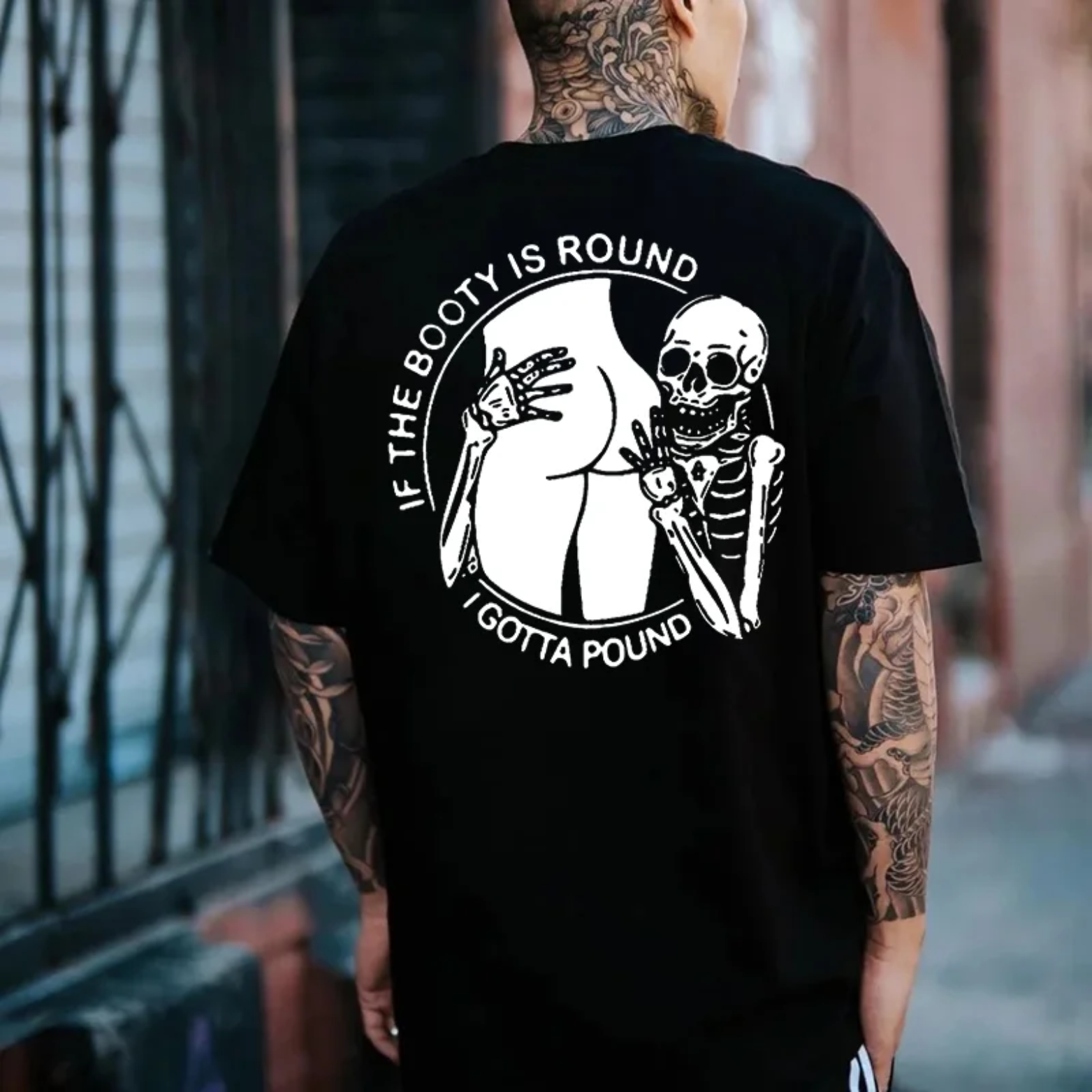 IF THE BOOTY IS ROUND Skull with Naked Ass Graphic White Print T-shirt