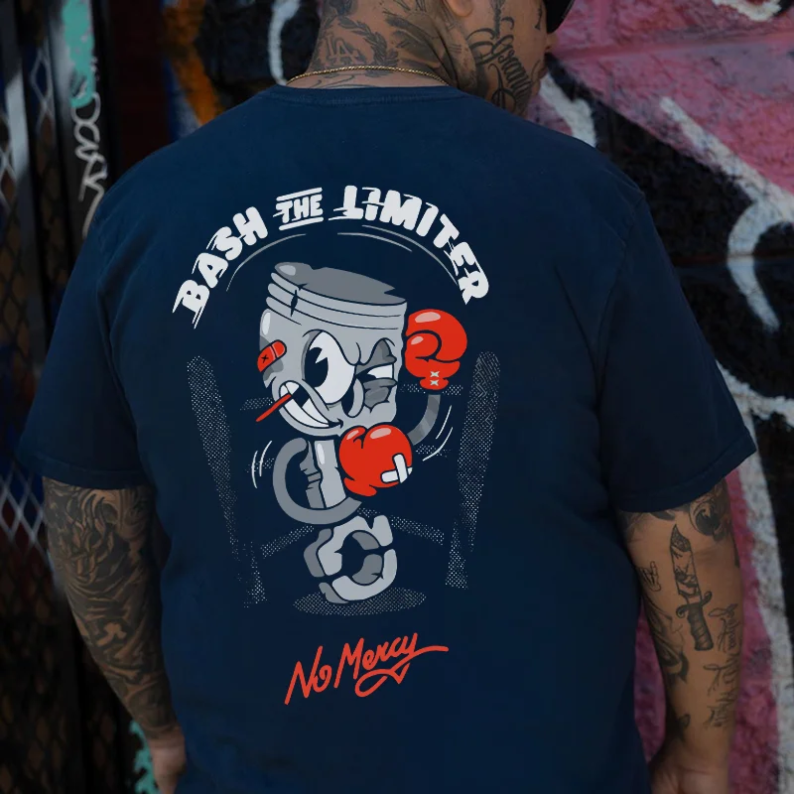 BASH THE LIMITER No Mercy Fighting Tool Man Graphic Black Print T-shirt