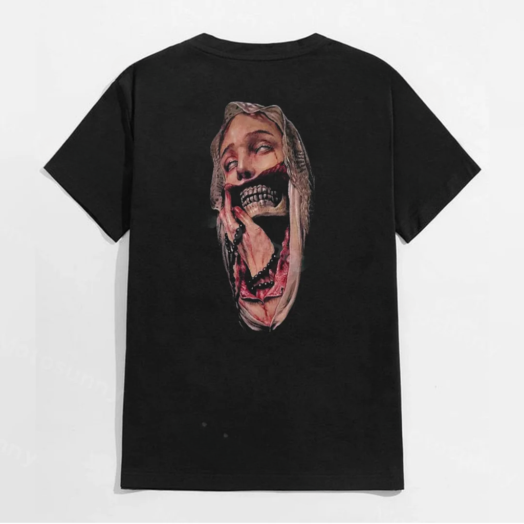 Disconsolate Nun Skull Mid-Century Style Black Print T-shirt