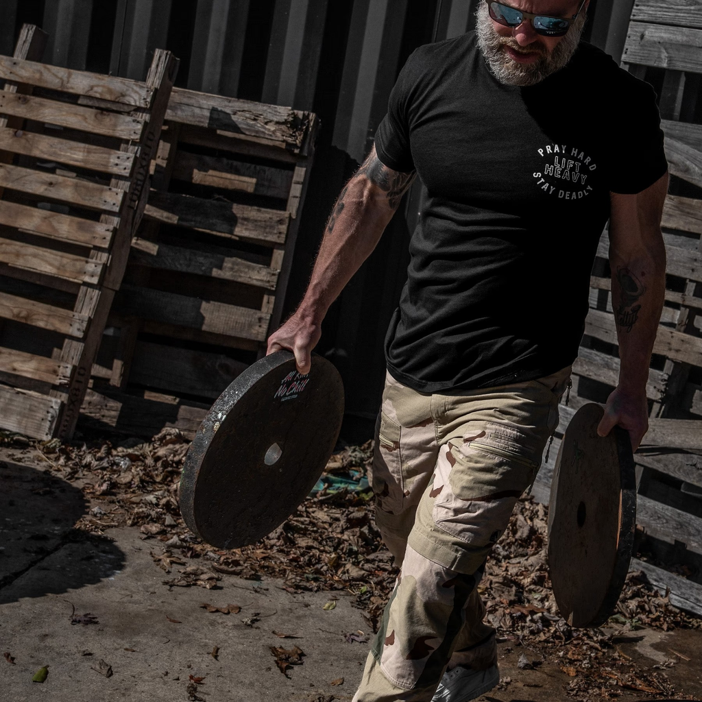 Pray Hard. Lift Heavy. Stay Deadly. Men's T-Shirt