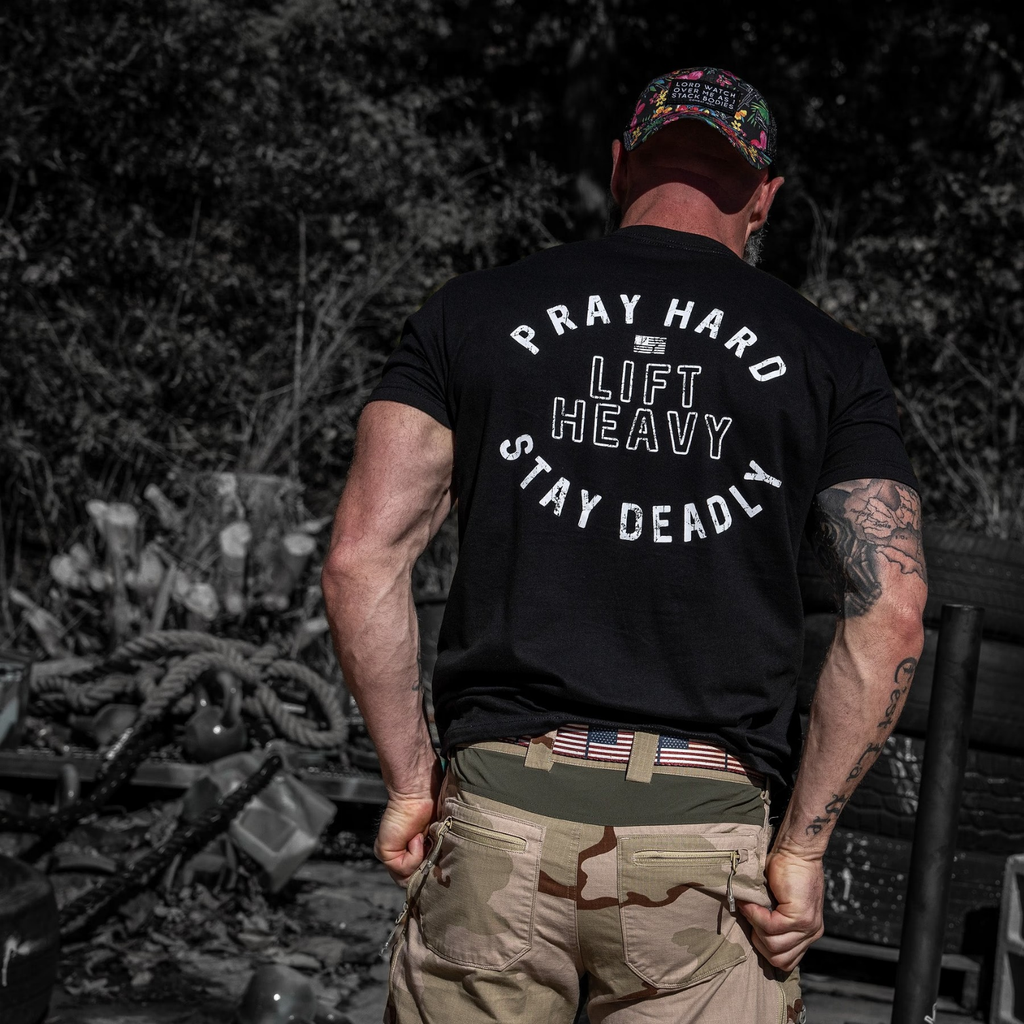 Pray Hard. Lift Heavy. Stay Deadly. Men's T-Shirt