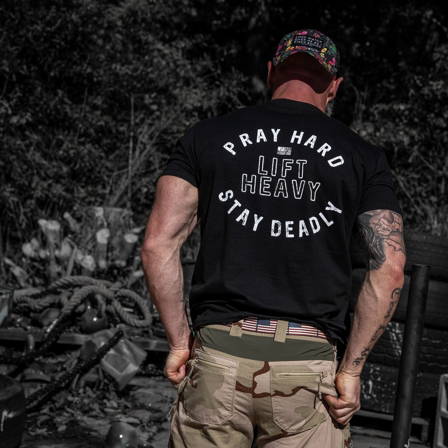 Pray Hard. Lift Heavy. Stay Deadly. Men's T-Shirt