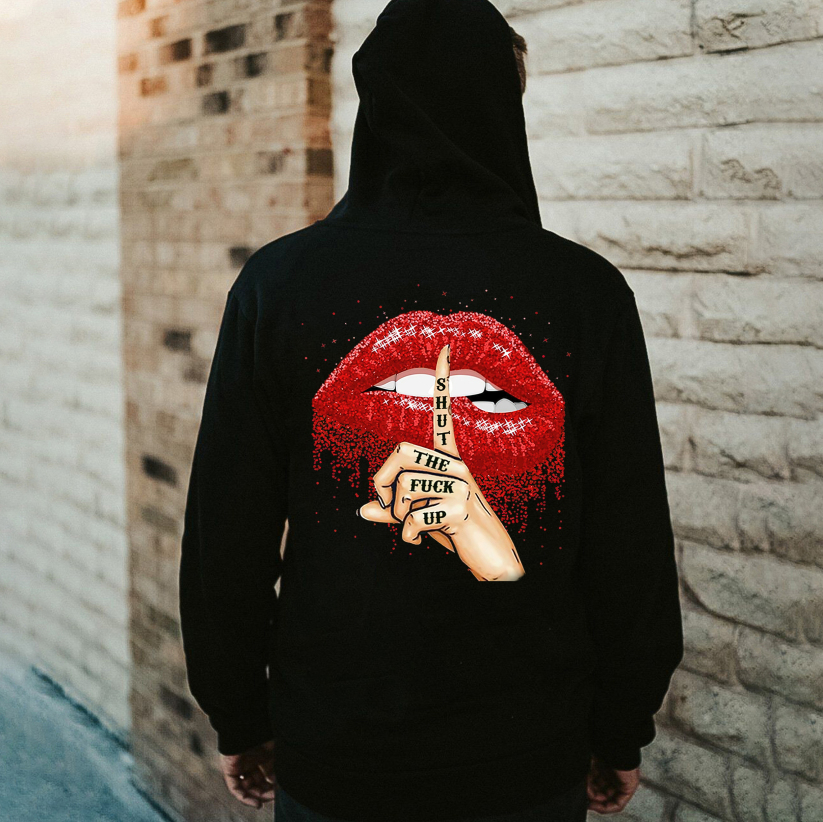 SHUT THE F*CK UP Sexy Red Lips Black Print Hoodie