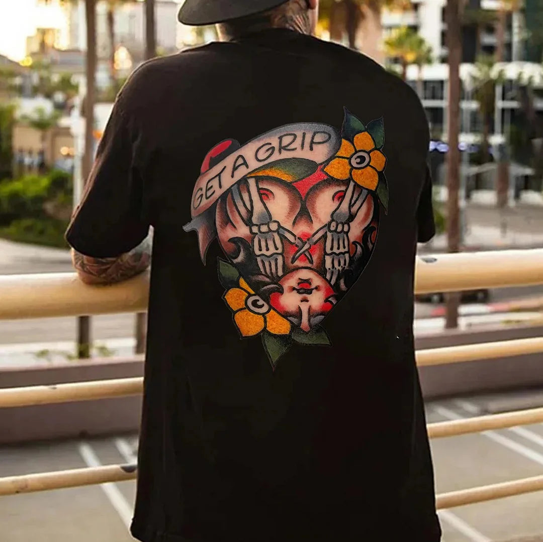 GET A GRIP Skeleton&Naked Lady Print Men's T-shirt
